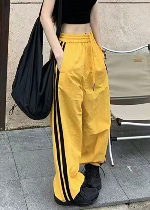 Yellow Waist Elastic Pants Spring Striped Cotton Casual