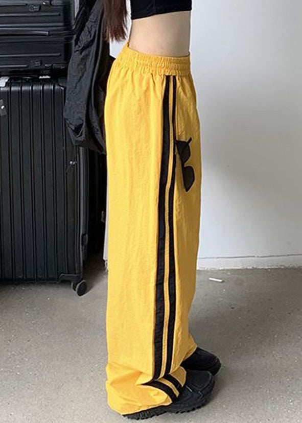 Yellow Waist Elastic Pants Spring Striped Cotton Casual