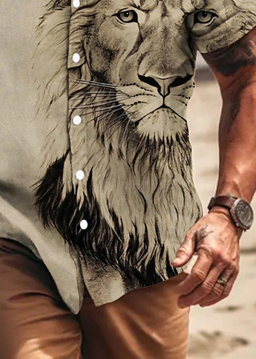 Cotton Men Button Animal Shirts Print Apricot Chic Summer