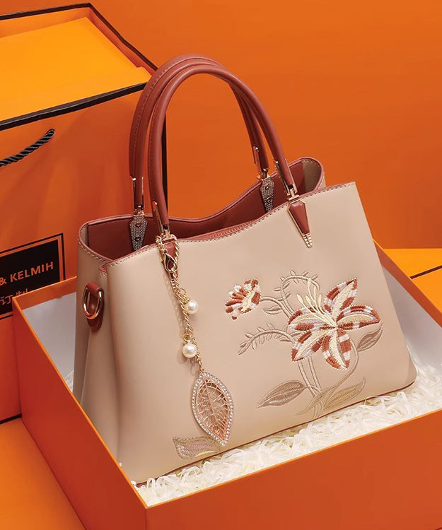 Chic Calf Bag Tote Apricot Embroidery Leather