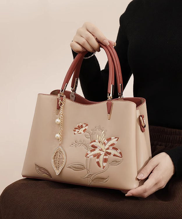 Chic Calf Bag Tote Apricot Embroidery Leather