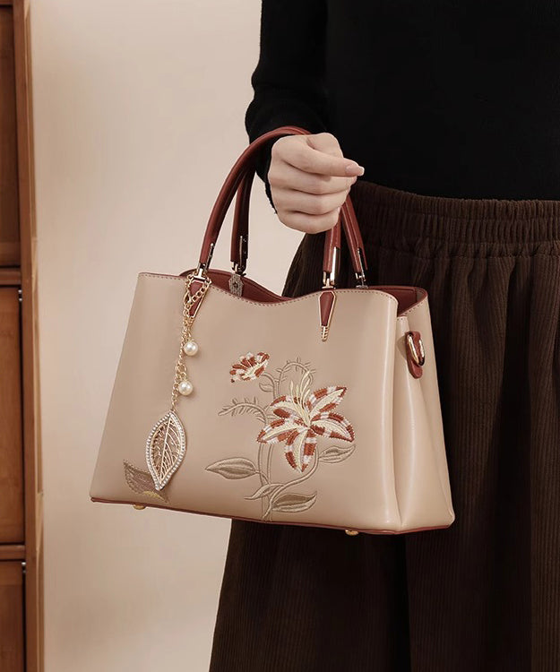 Calf Leather Chic Apricot Tote Bag Embroidery