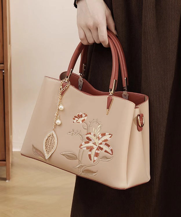 Chic Calf Bag Tote Apricot Embroidery Leather