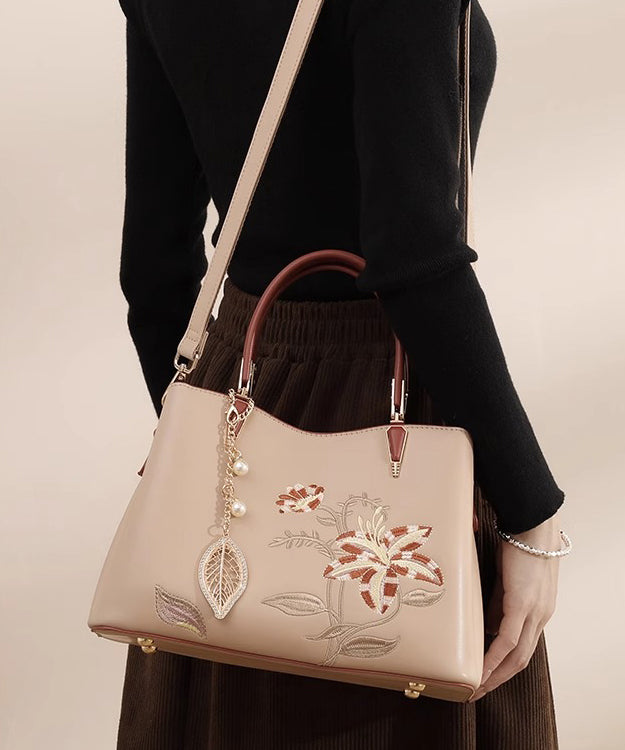 Chic Calf Bag Tote Apricot Embroidery Leather