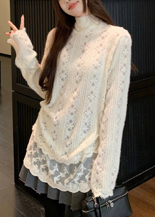 Chic Apricot Hign Neck Lace Patchwork Knit Sweater Winter RF007