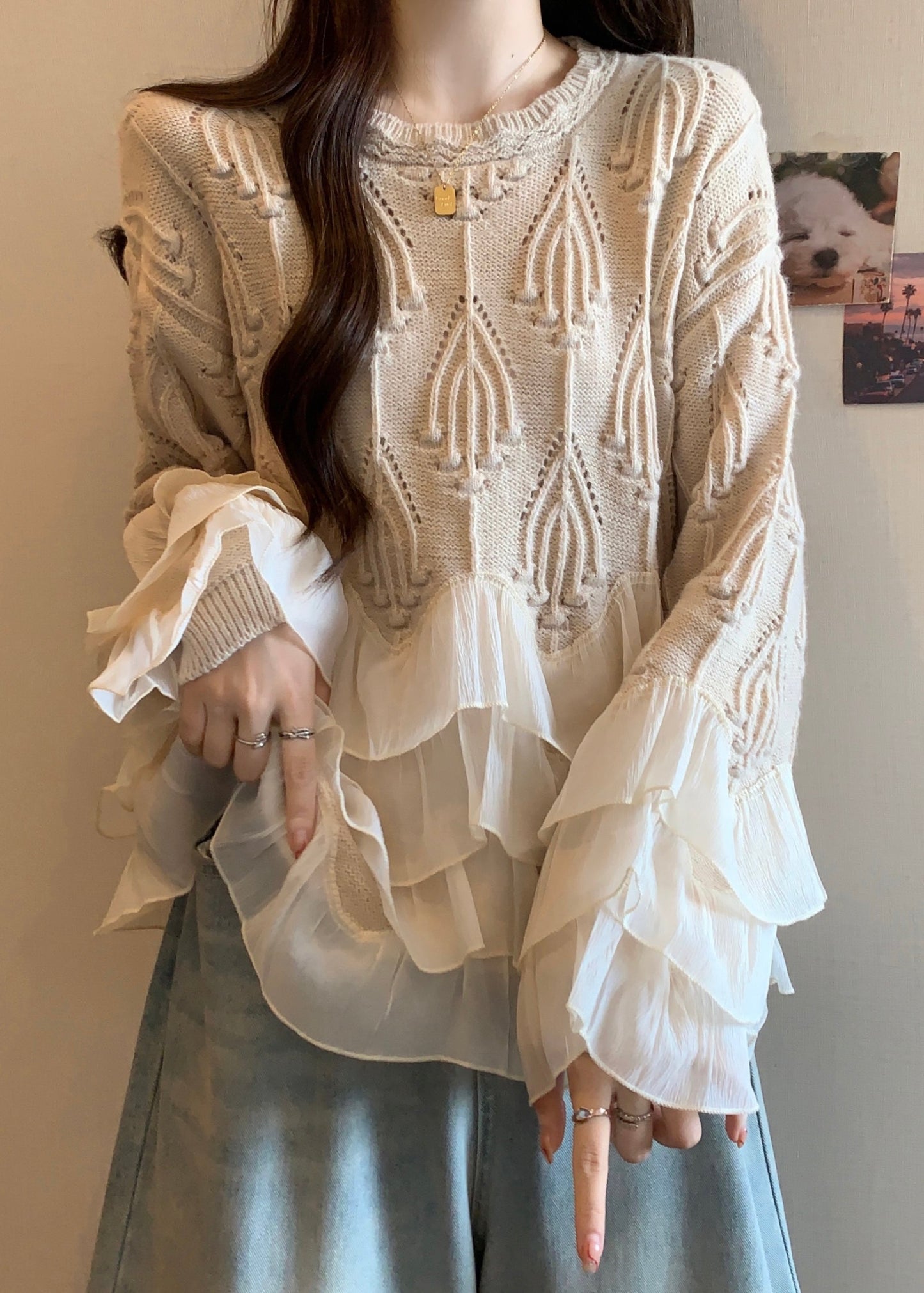 Chic Apricot Ruffled Patchwork Knit Sweater Tops Fall WN032