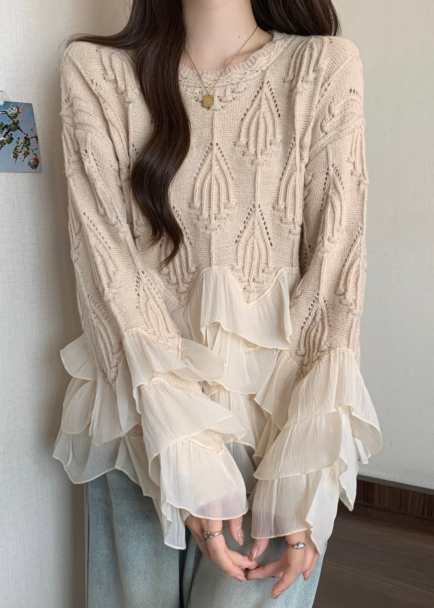 Chic Apricot Ruffled Patchwork Knit Sweater Tops Fall WN032