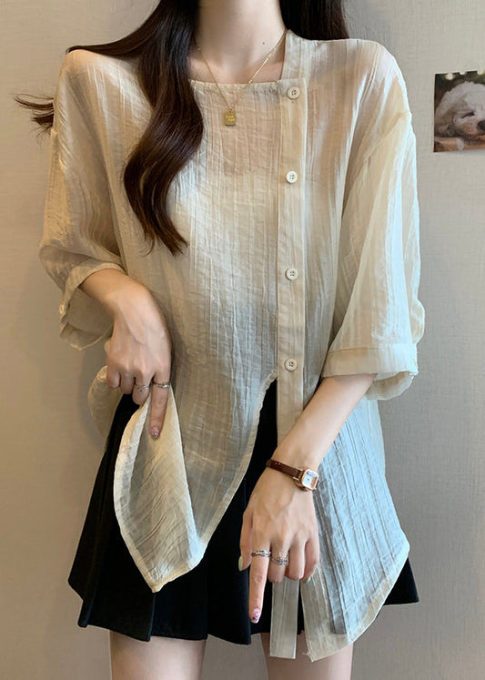 Bracelet Collar Apricot Sleeve Chic Button Chiffon Shirt Square
