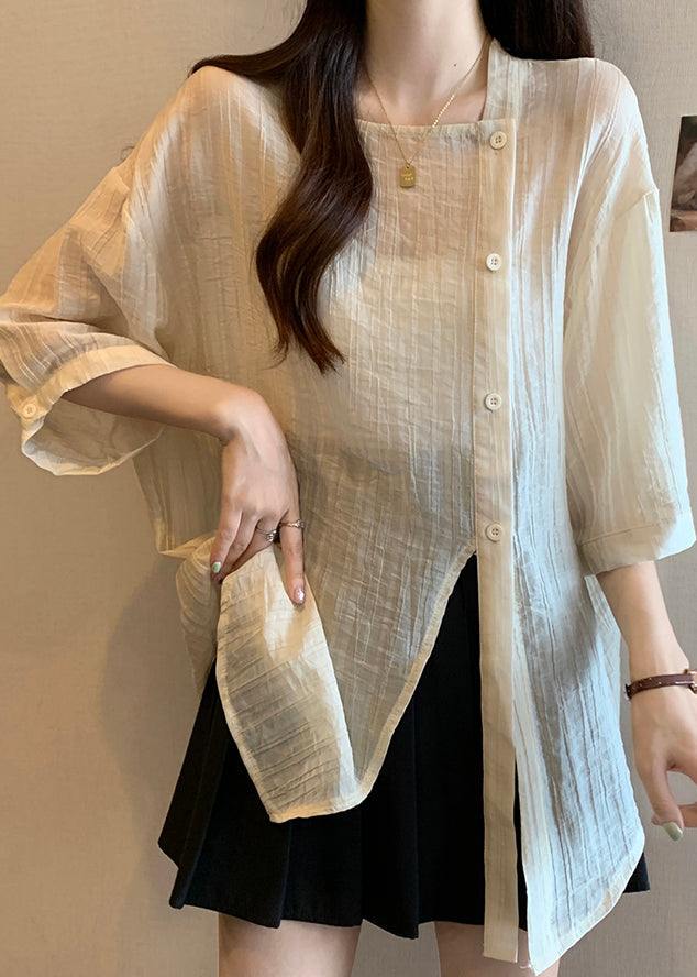 Bracelet Collar Apricot Sleeve Chic Button Chiffon Shirt Square