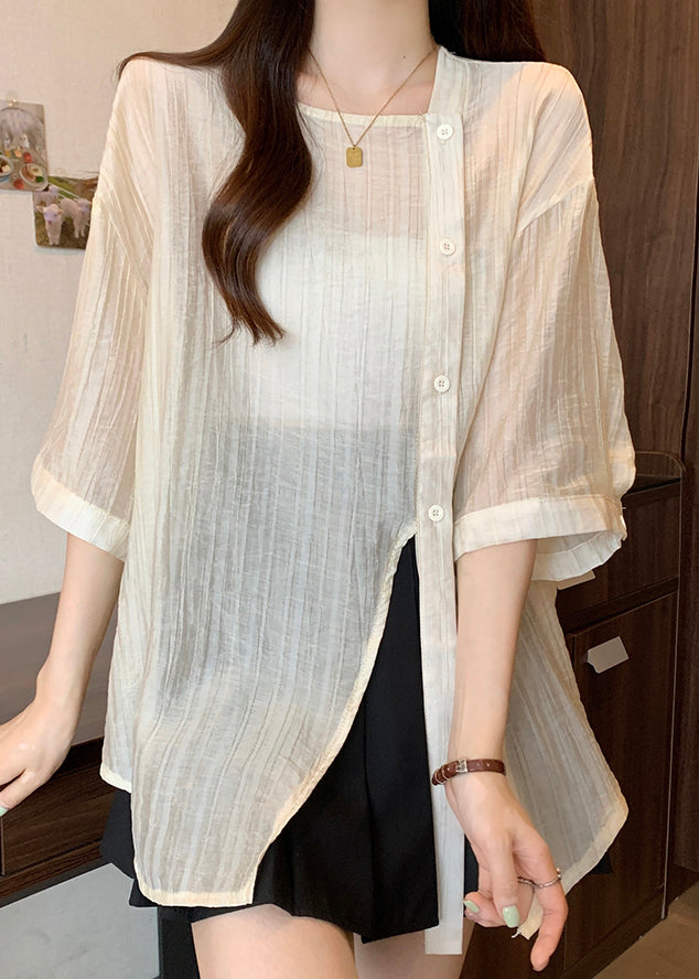 Bracelet Collar Apricot Sleeve Chic Button Chiffon Shirt Square