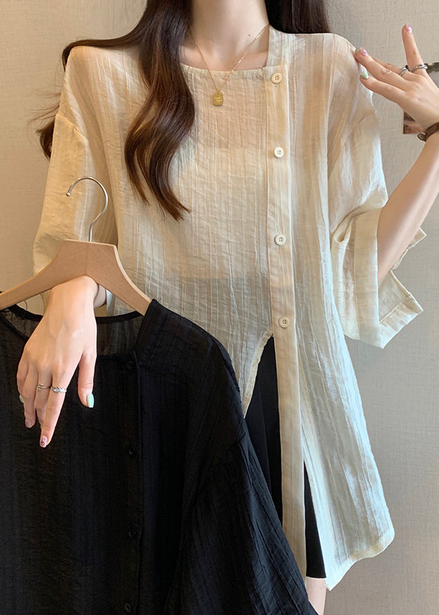 Bracelet Collar Apricot Sleeve Chic Button Chiffon Shirt Square