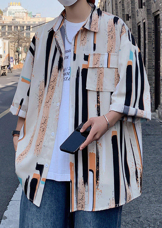 Shirt Silk Apricot Chic Mens Sleeve Ice Bracelet Button Striped