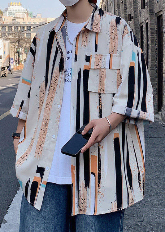 Shirt Silk Apricot Chic Mens Sleeve Ice Bracelet Button Striped