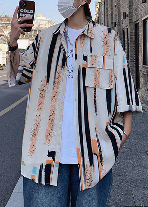 Shirt Silk Apricot Chic Mens Sleeve Ice Bracelet Button Striped