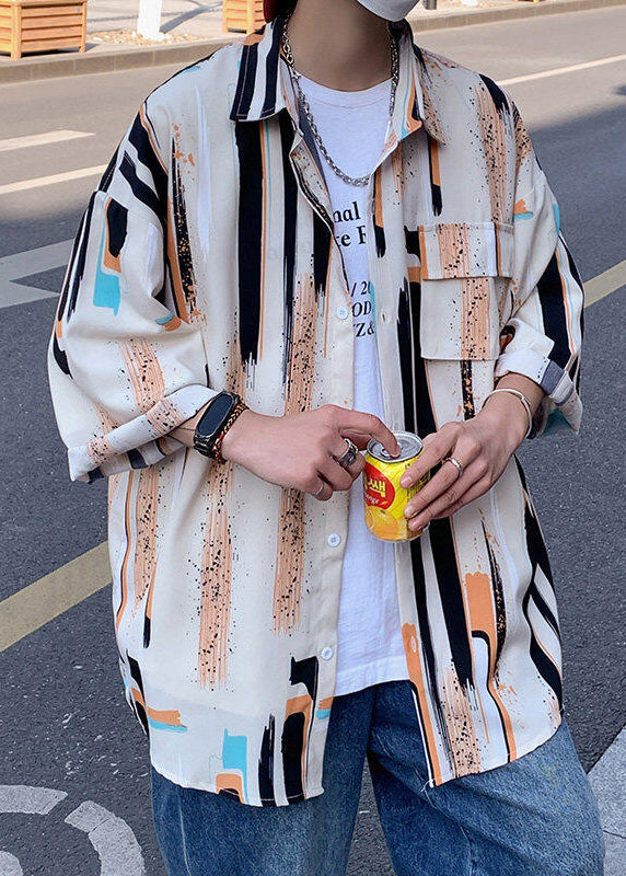 Shirt Silk Apricot Chic Mens Sleeve Ice Bracelet Button Striped