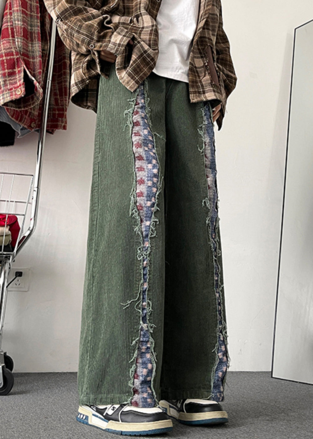 Original Mens Design Green Pants Corduroy Army Patchwork Chic