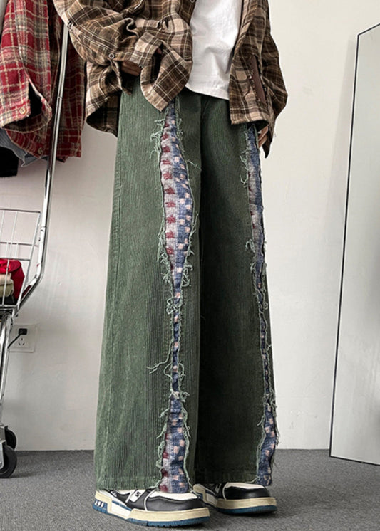 Original Mens Design Green Pants Corduroy Army Patchwork Chic