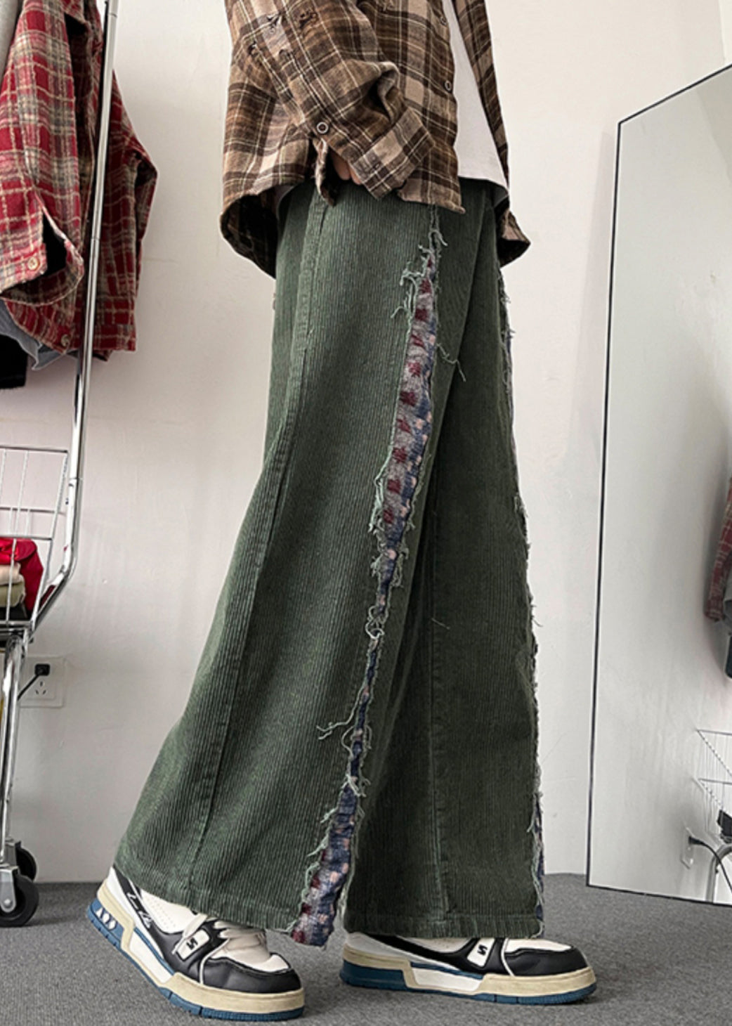 Original Mens Design Green Pants Corduroy Army Patchwork Chic