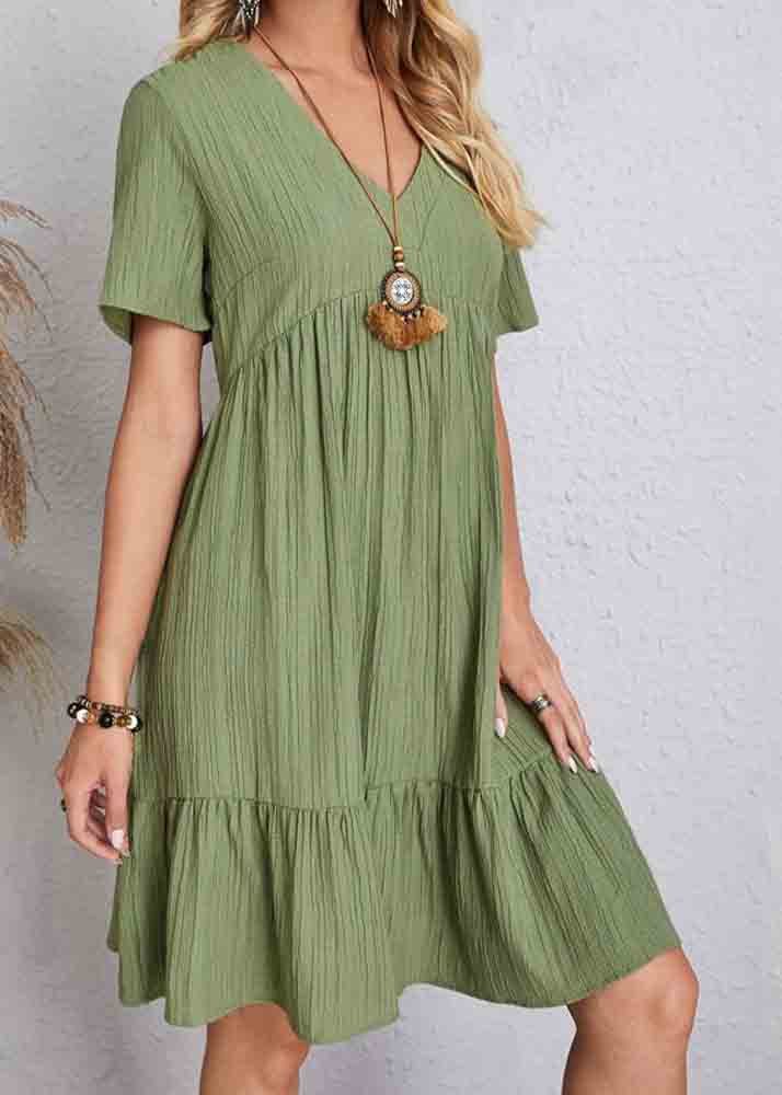Army V Green Summer Cotton Day Neck Chic Patchwork Dress