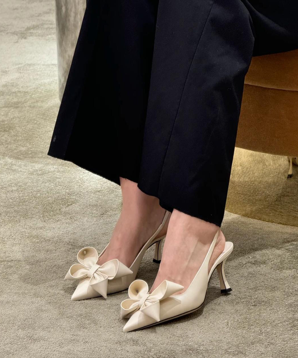 Sandals Beige Toe Pointed Bow High Heel Chic Splicing