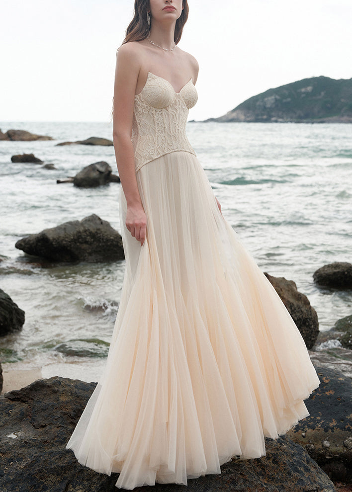 Party Beige Dress Shoulder Patchwork Tulle Chic Cold Lace