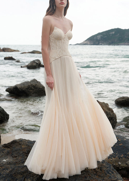 Party Beige Dress Shoulder Patchwork Tulle Chic Cold Lace