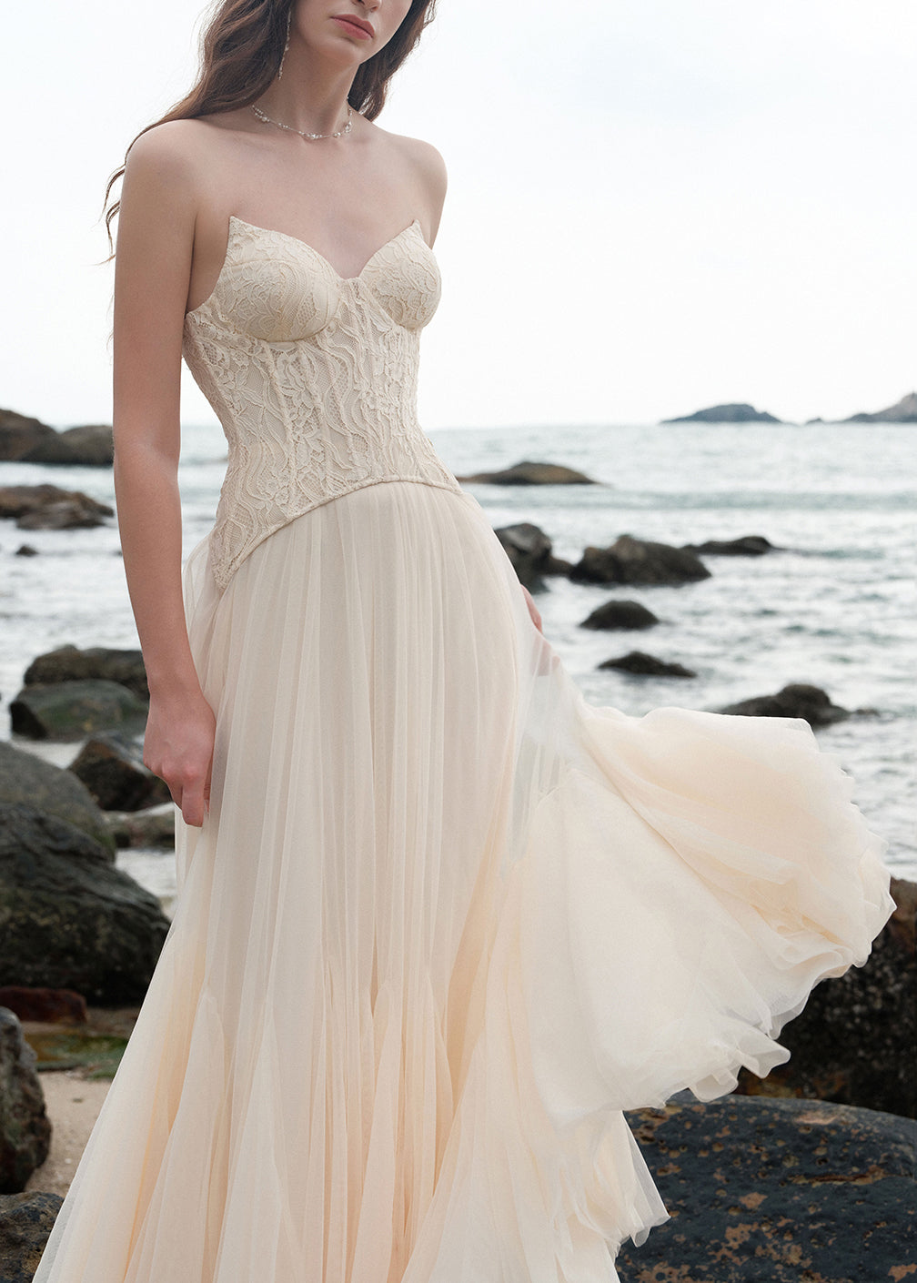 Party Beige Dress Shoulder Patchwork Tulle Chic Cold Lace