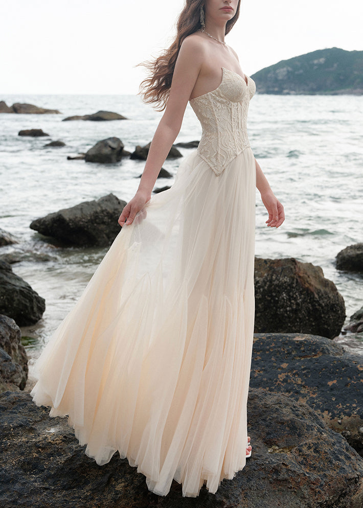 Party Beige Dress Shoulder Patchwork Tulle Chic Cold Lace