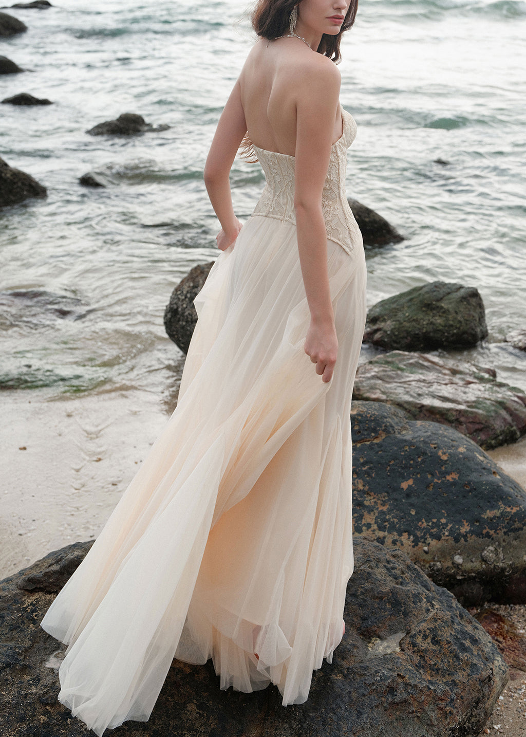 Party Beige Dress Shoulder Patchwork Tulle Chic Cold Lace