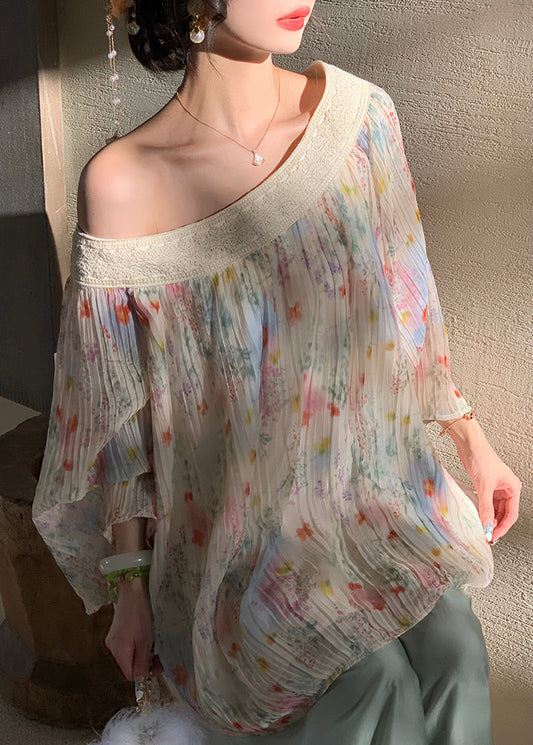 Shirt Wrinkled Print Embroidered Chiffon Chic Beige Fall