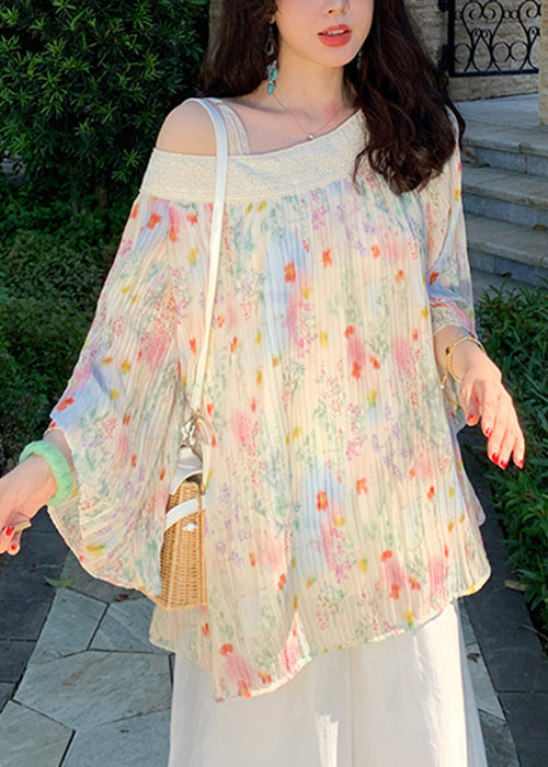 Shirt Wrinkled Print Embroidered Chiffon Chic Beige Fall