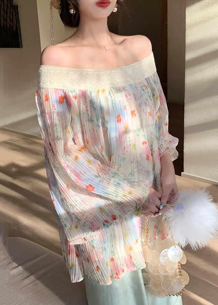 Shirt Wrinkled Print Embroidered Chiffon Chic Beige Fall