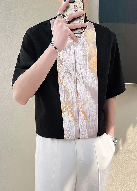 Shirt Patchwork Beige Collar Chic Half Men Stand Sleeve T
