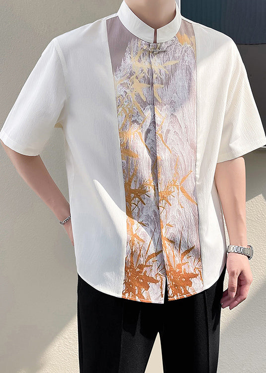 Shirt Patchwork Beige Collar Chic Half Men Stand Sleeve T