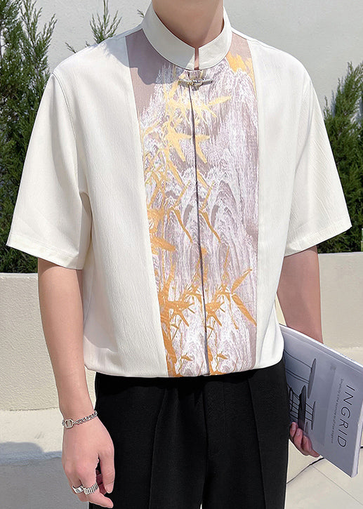 Shirt Patchwork Beige Collar Chic Half Men Stand Sleeve T