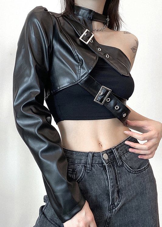 Design Spring Asymmetrical Coats Black Original Faux Leather Chic