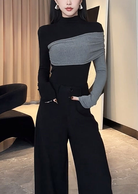 Chic Black Asymmetrical Patchwork Cotton Shirt Spring YP038