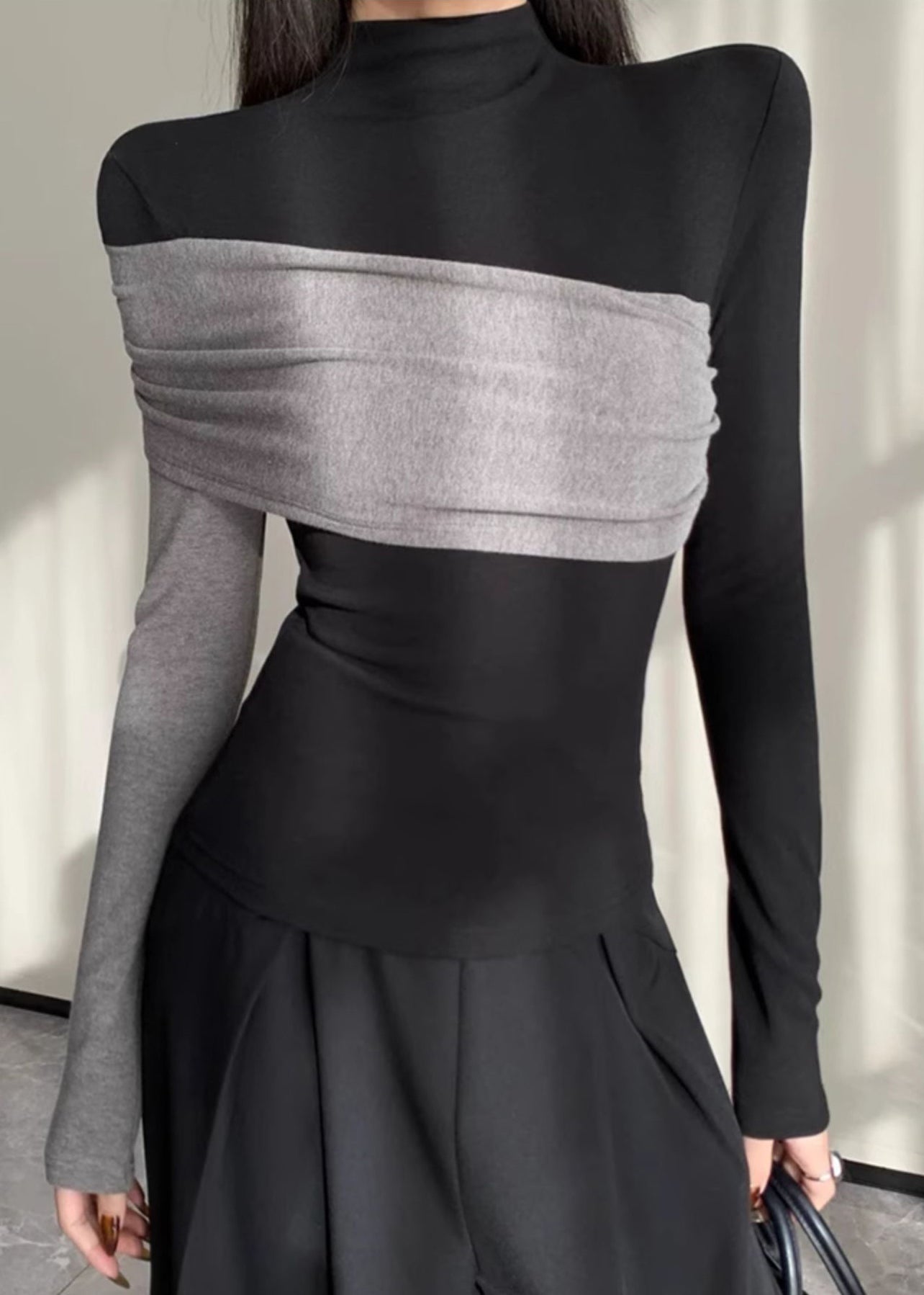 Chic Black Asymmetrical Patchwork Cotton Shirt Spring YP038