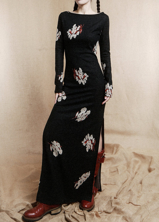 Schickes schwarzes, beidseitig mit Perlen verziertes Baumwollkleid mit langen Ärmeln KK074