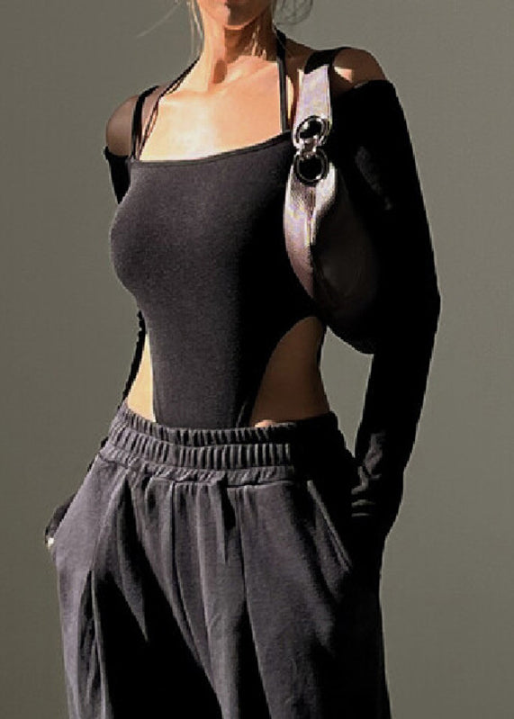 Bodysuit Halter Cami Cold Shoulder Black Chic