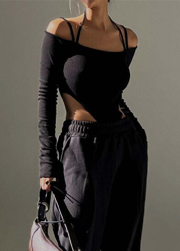 Bodysuit Halter Cami Cold Shoulder Black Chic