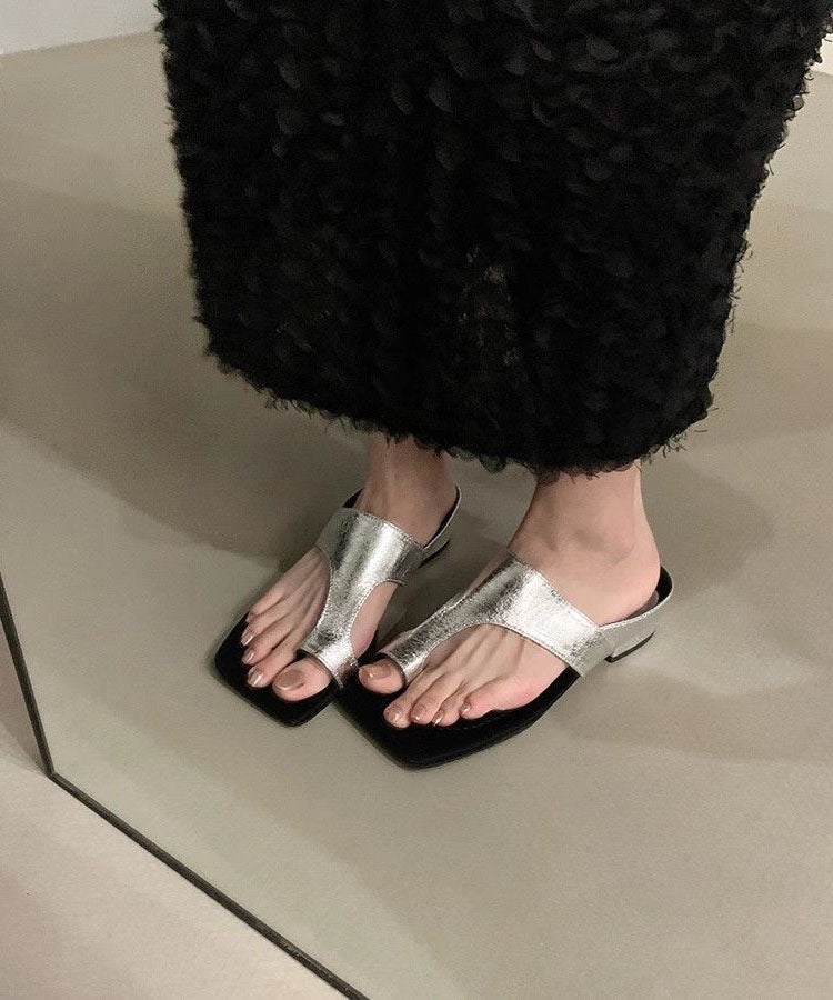 Black Splicing Thong Chunky Faux Sandals Chic Leather