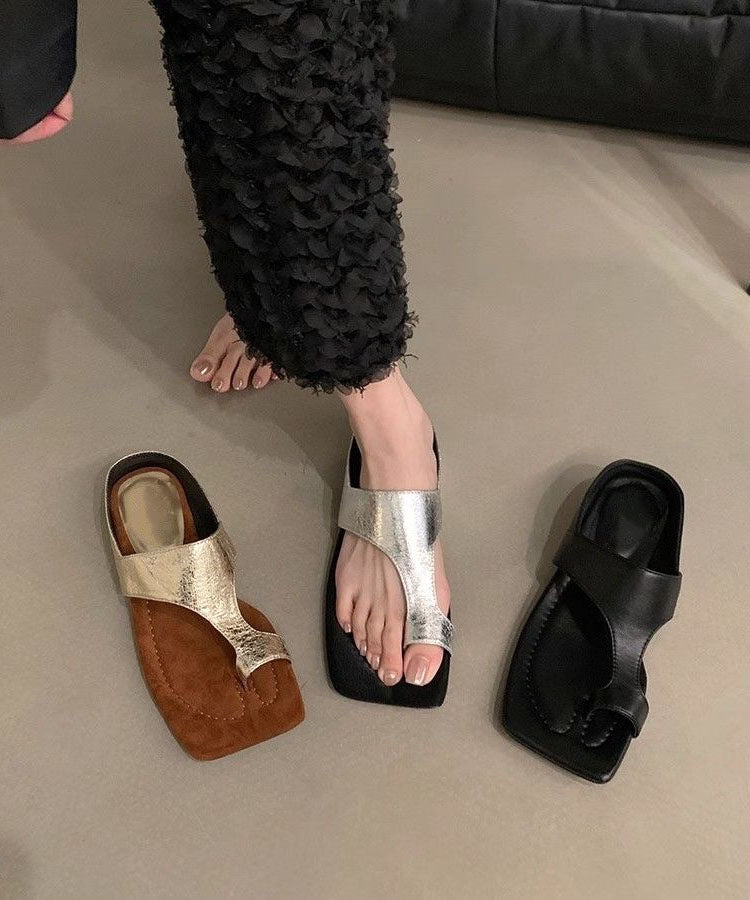 Black Splicing Thong Chunky Faux Sandals Chic Leather