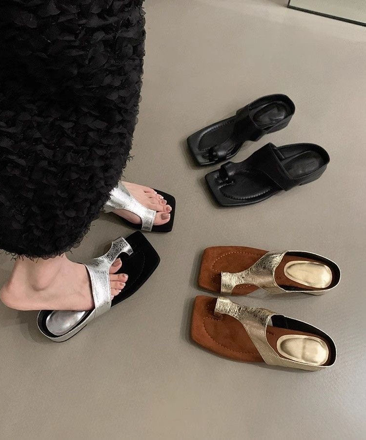 Black Splicing Thong Chunky Faux Sandals Chic Leather