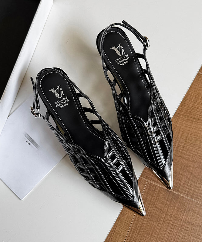 Chic Heel High Sandals Splicing Out Leather Hollow Black Cowhide