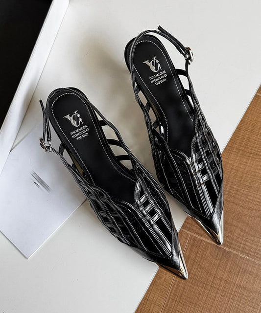 Chic Heel High Sandals Splicing Out Leather Hollow Black Cowhide