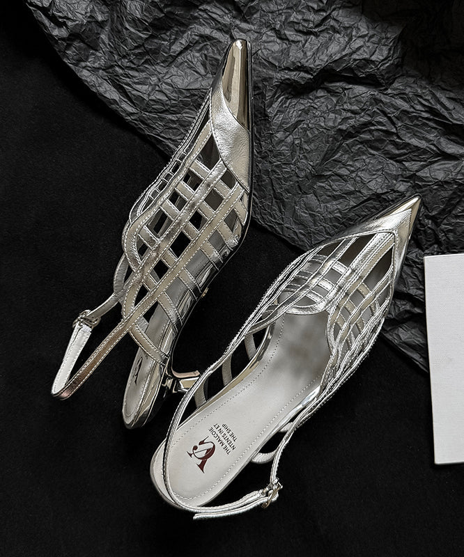 Chic Heel High Sandals Splicing Out Leather Hollow Black Cowhide