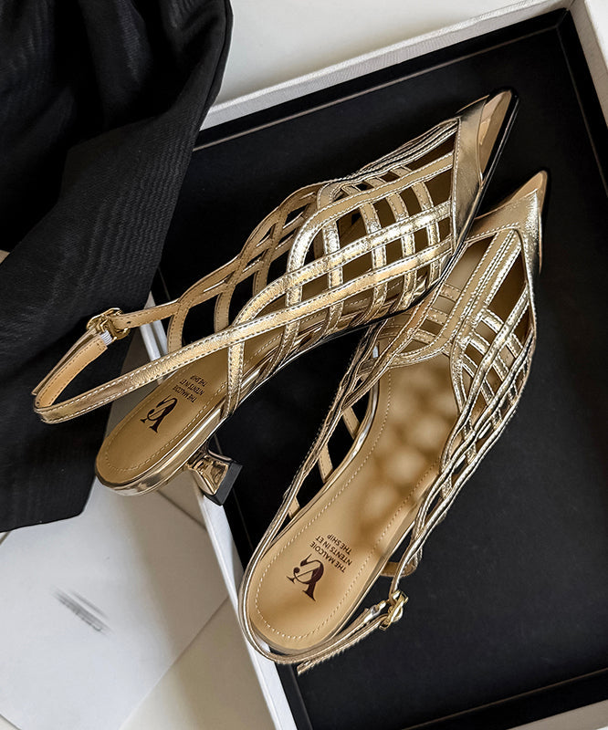 Chic Heel High Sandals Splicing Out Leather Hollow Black Cowhide