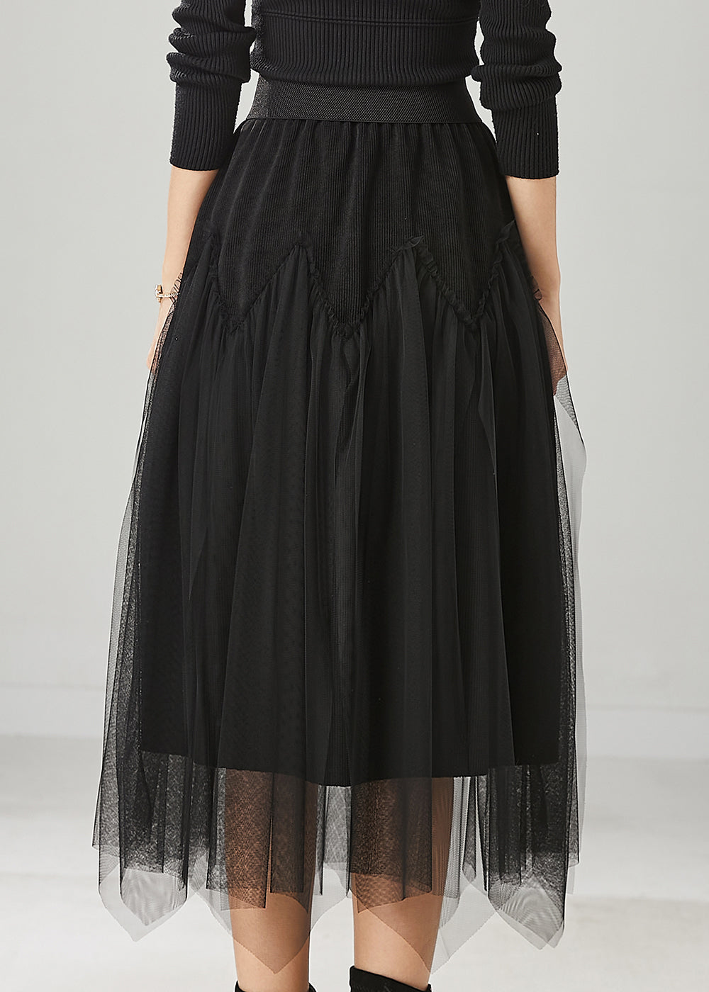 Chic Black High Waist Patchwork Tulle Corduroy Skirts Spring YU1025