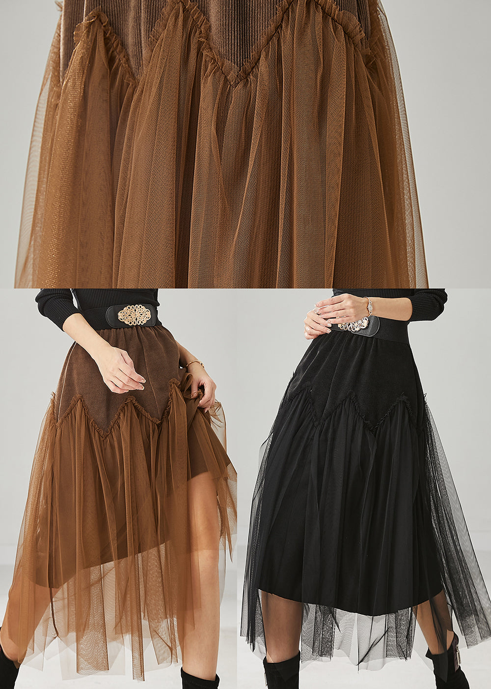 Chic Black High Waist Patchwork Tulle Corduroy Skirts Spring YU1025